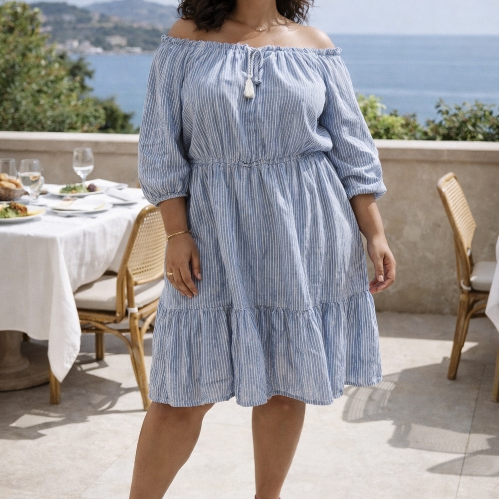 Blue Striped Linen Dress Off-shoulder Knee Lenght Coastal Resortwear Eurosummer